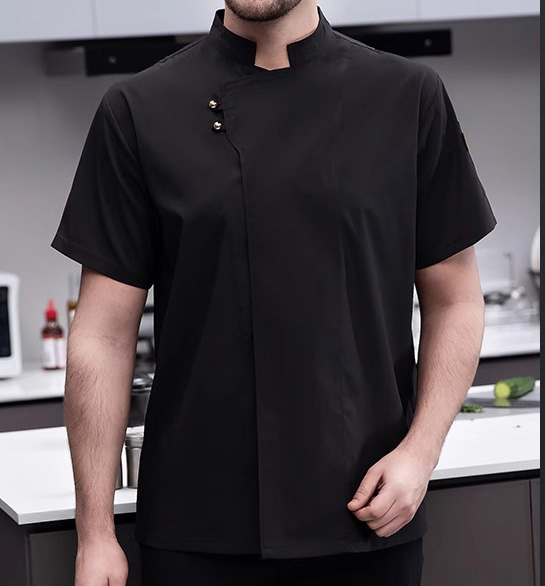 黑色斜雙釦短袖廚師服